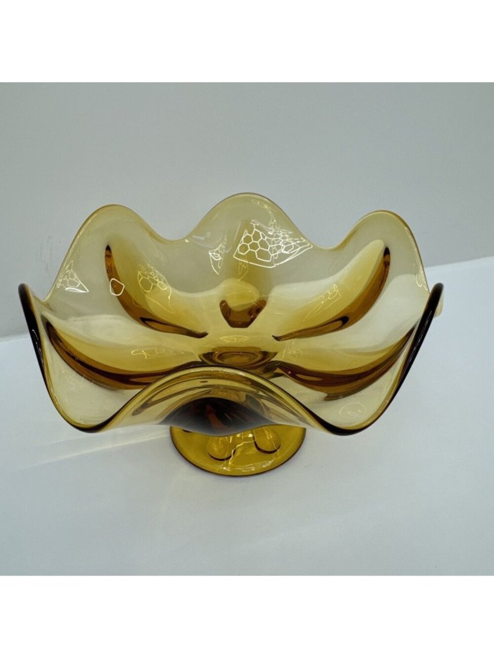 Amber Pedestal Glass Bowl Wavy Rim 11" Diameter Vintage Art Glass Centerpiece